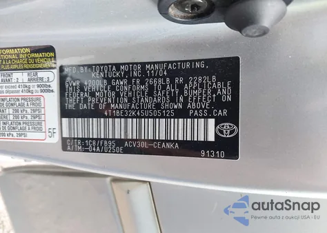 2005 Toyota Camry Le z USA, uszkodzony, nr VIN 4T1BE32K45U505125